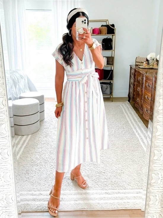 LOFT Dresses & Skirts - LOFT Button Down Tie Waist Rainbow Striped Midi Dress size 00P